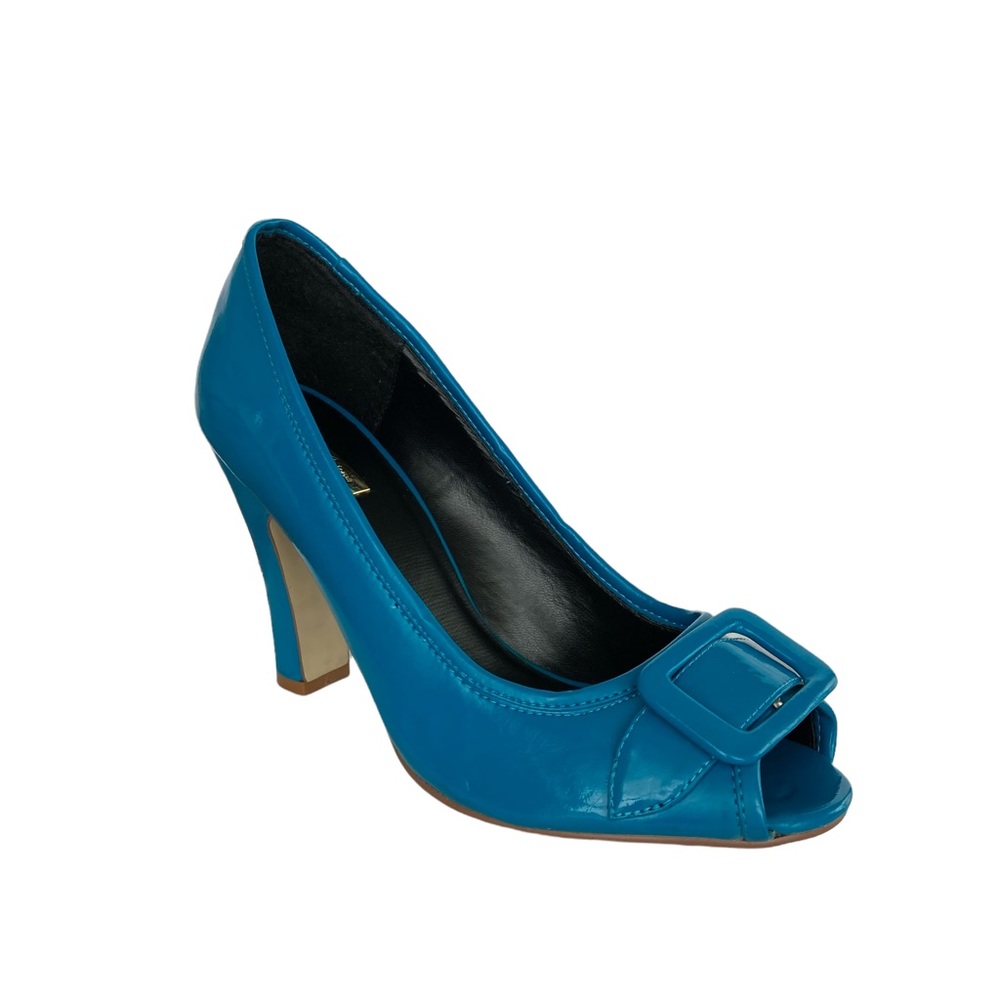 Charlotte Russe Women’s teal peep toe heels with faux buckle accent- Sz 8